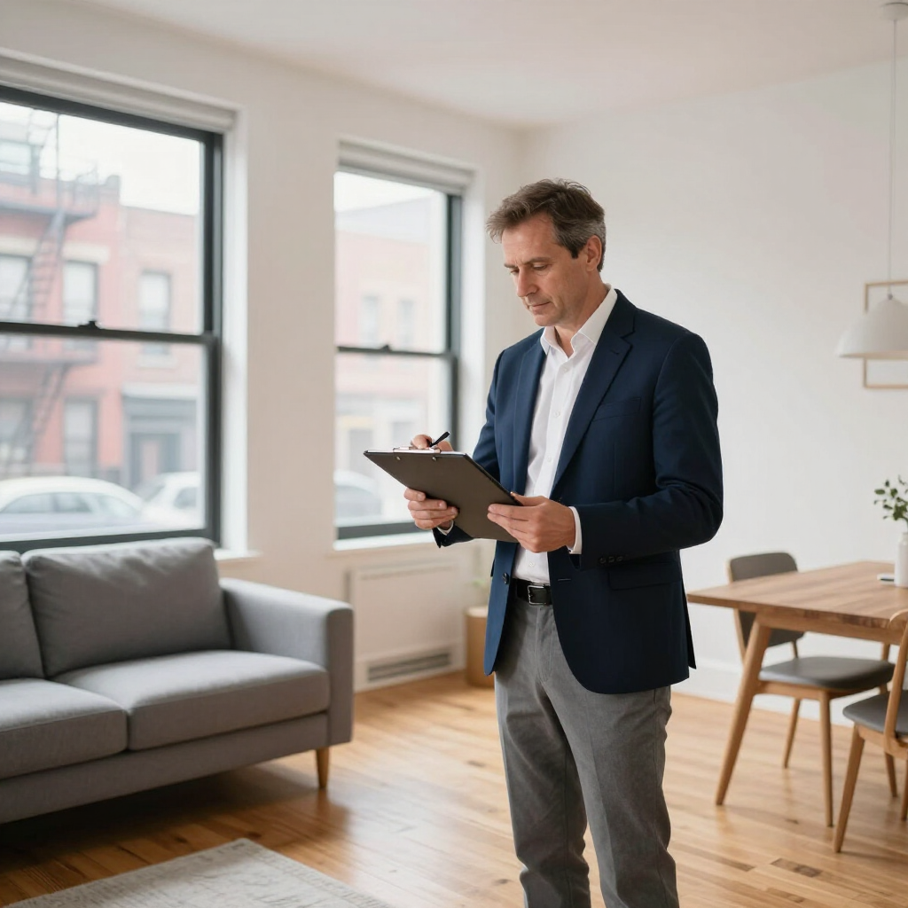 Man in a blazer reviewing a clipboard in a bright living room with sofa and dining table