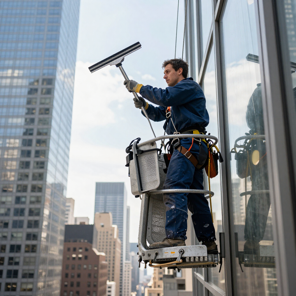 Window cleaner on a suspended platform washing a glass skyscraper exterior with a squeegee