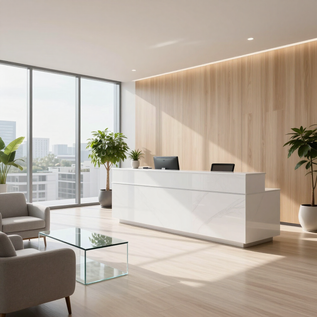 Modern office reception with white desk, glass table, wood-paneled wall, and sunlit floor-to-ceiling windows