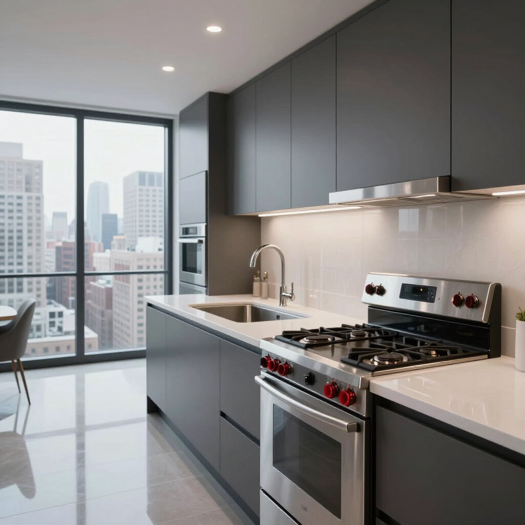 Modern minimalist kitchen with dark cabinets, stainless steel stove, and a city view through large windows
