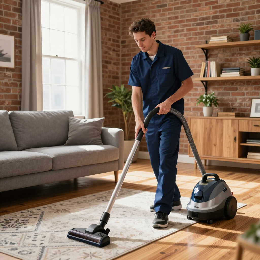 Man vacuuming a rug in a bright living room with a sofa and wooden shelves