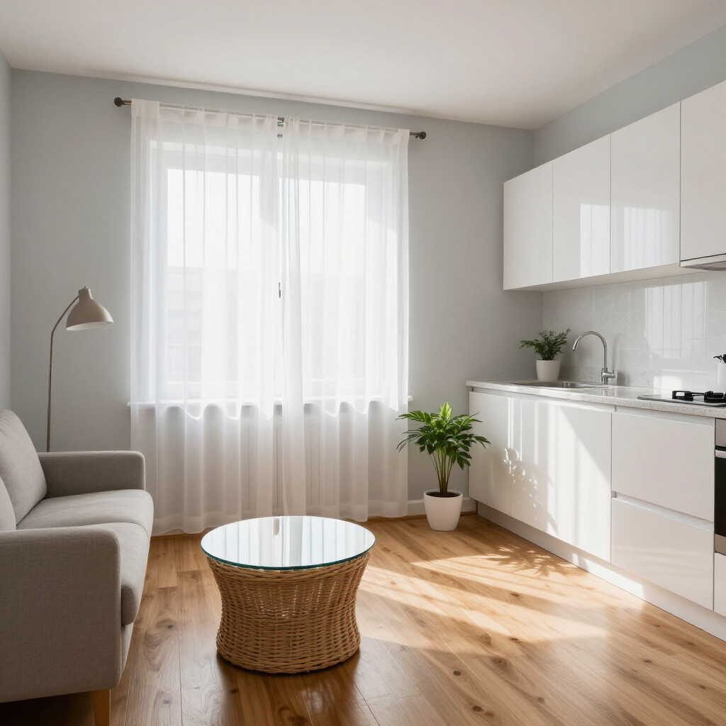 Bright minimalist living room with sofa, round wicker coffee table, window, plants, and white kitchen cabinets
