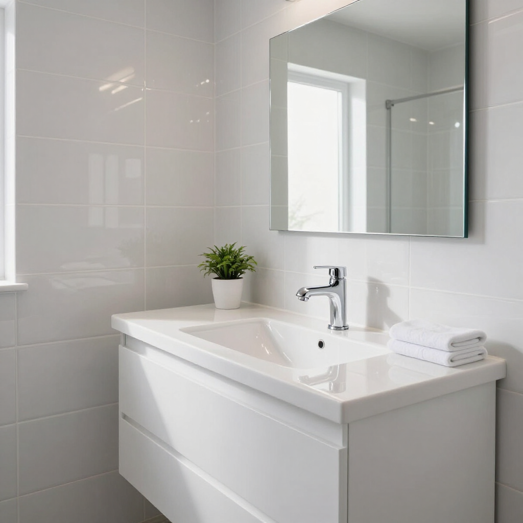 Modern white bathroom vanity with sink, mirror, plant, and towel stack under bright light