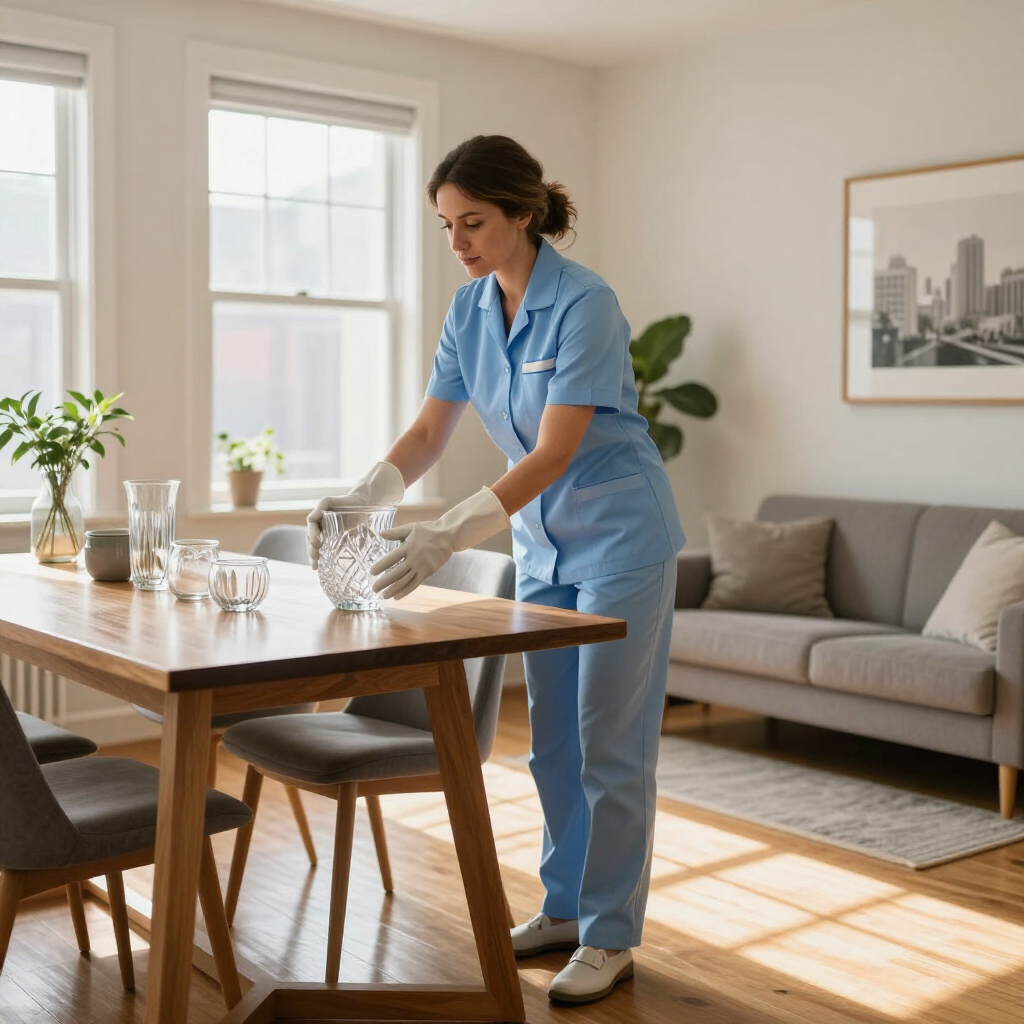 Person in blue scrubs setting a dining table in a sunlit living room