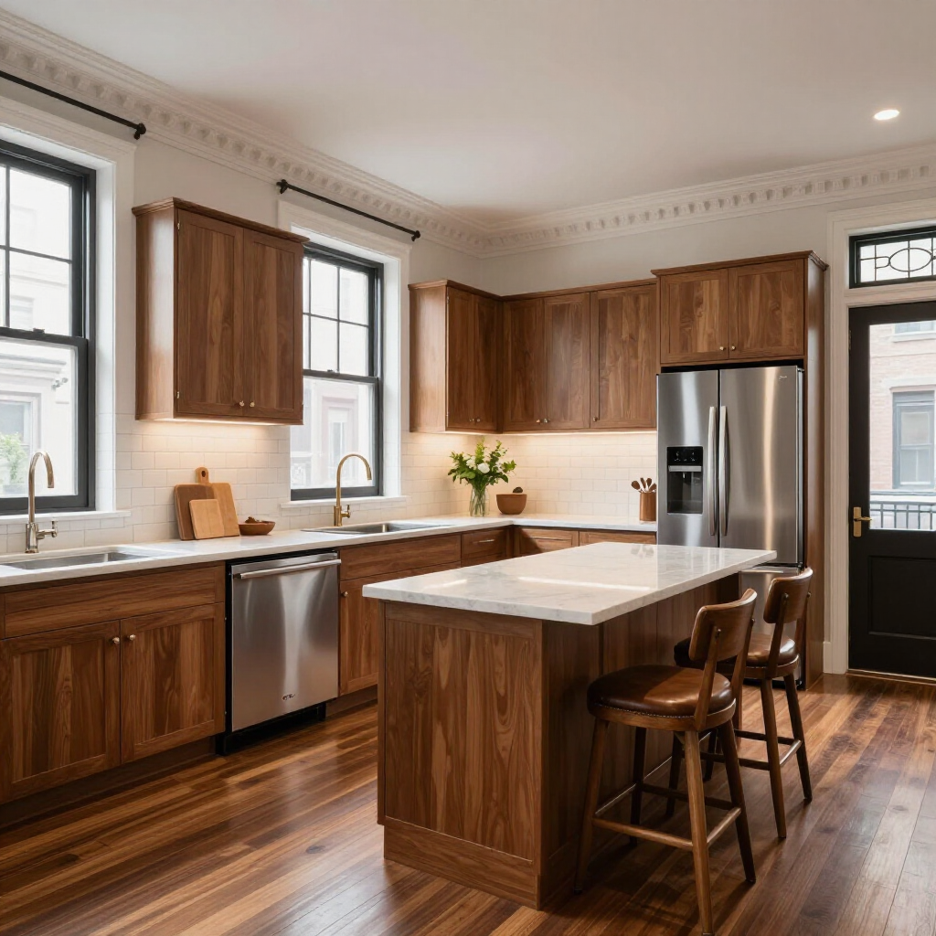Modern kitchen with wood cabinets, stainless appliances, marble island, and hardwood floors