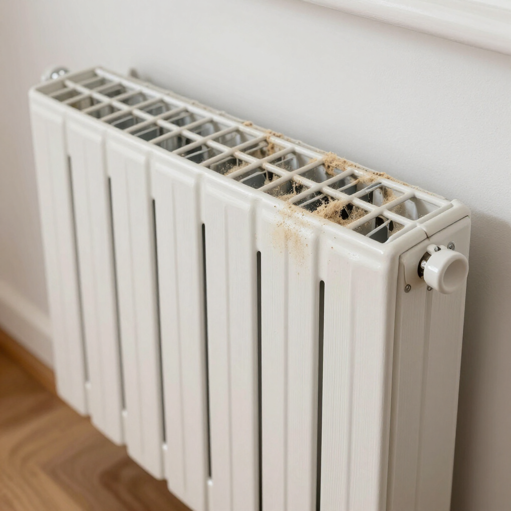 White radiator with rust stains along the top in a room with a wood floor