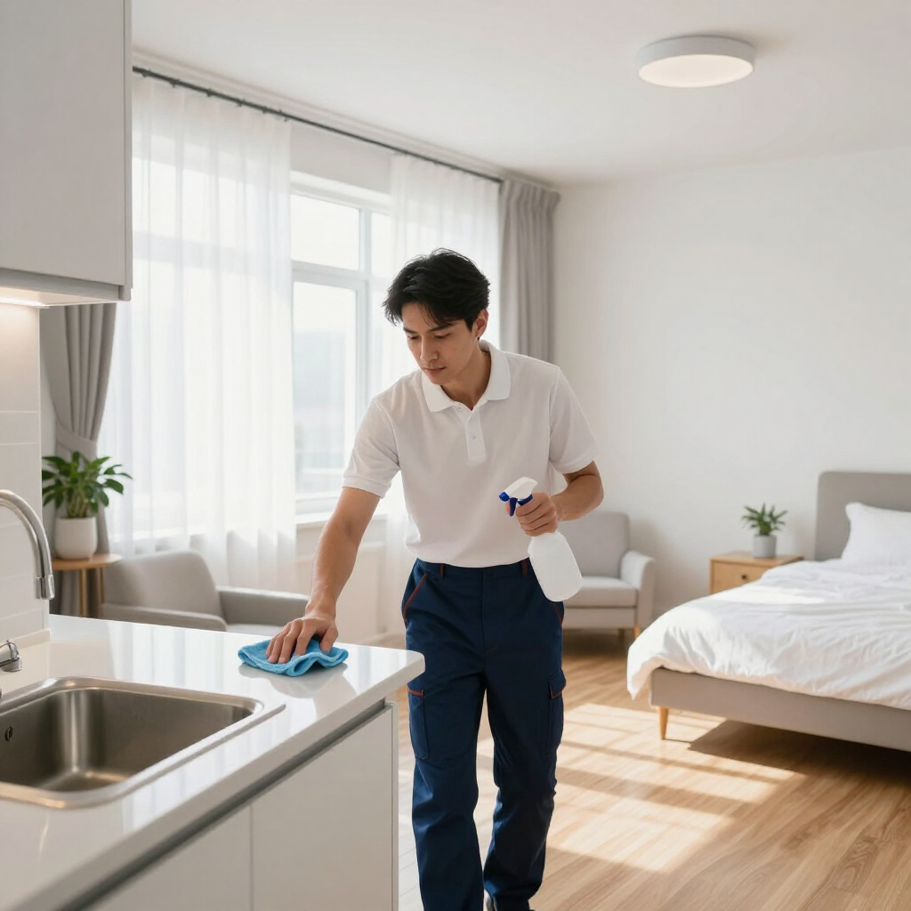 Person cleaning a bright bedroom and kitchenette with a spray bottle and cloth