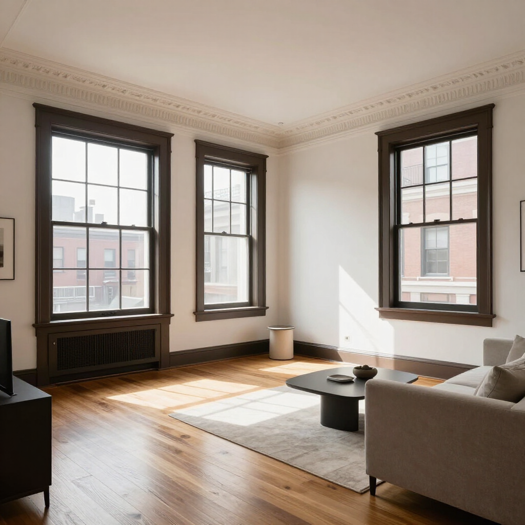 Bright living room with large windows, wood floors, a gray sofa, and sunlight on a rug and coffee table