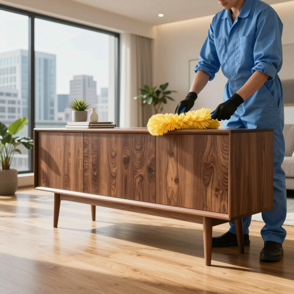 Person in blue overalls dusts a wooden sideboard with a yellow duster in a bright living room.