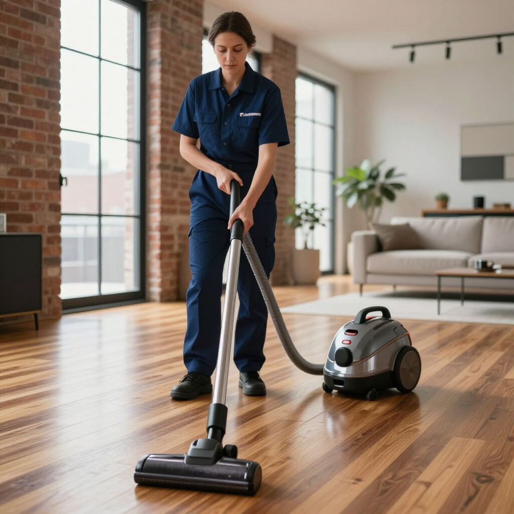 Person vacuuming a hardwood floor in a bright living room, with a canister vacuum nearby