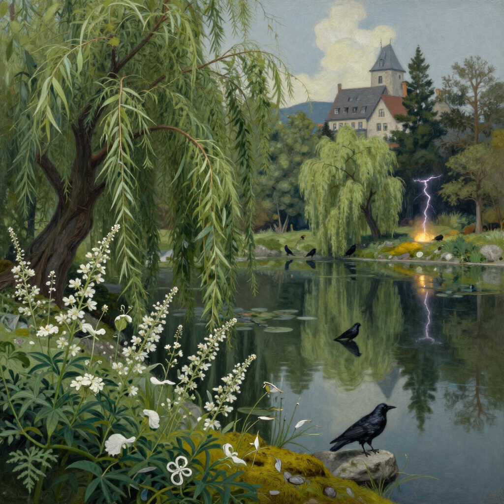 Lush riverside landscape with willow trees, wildflowers, birds, and a castle-like building by the water