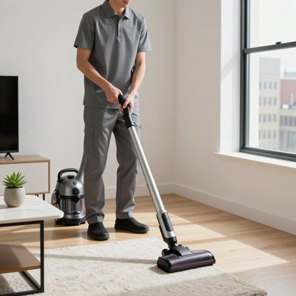 Person vacuuming a sunlit living room with a gray cordless stick vacuum