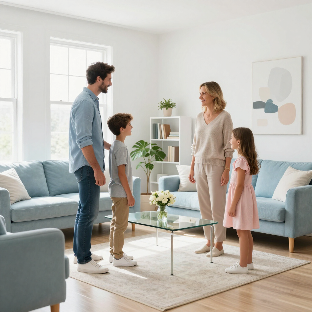 Family standing together in a bright living room around a glass coffee table