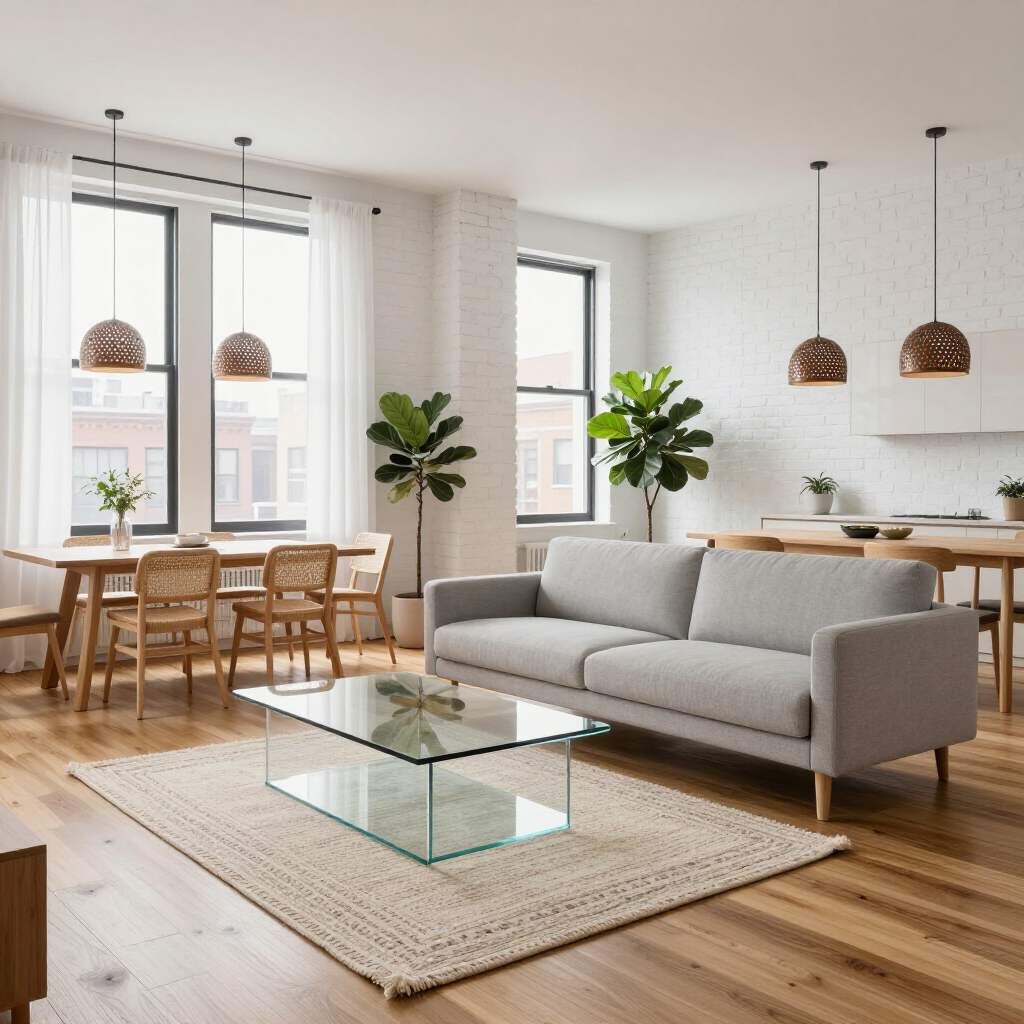 Bright modern living room with gray sofa, glass coffee table, dining area, and large windows