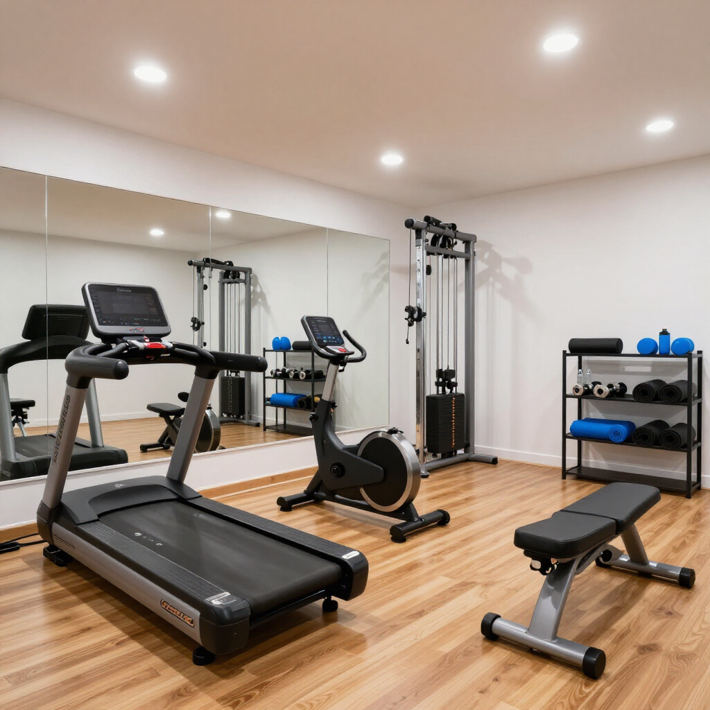 Modern home gym with treadmill, exercise bike, weights, and mirrored wall