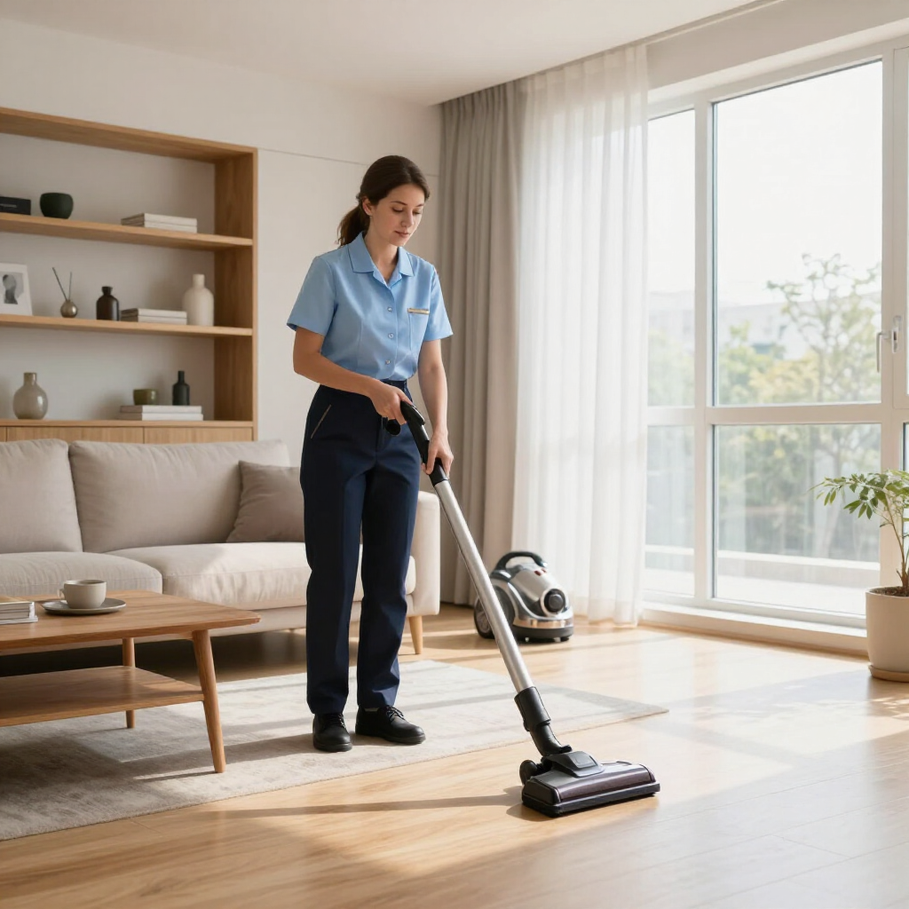Woman vacuuming a bright living room with a hardwood floor and sofa