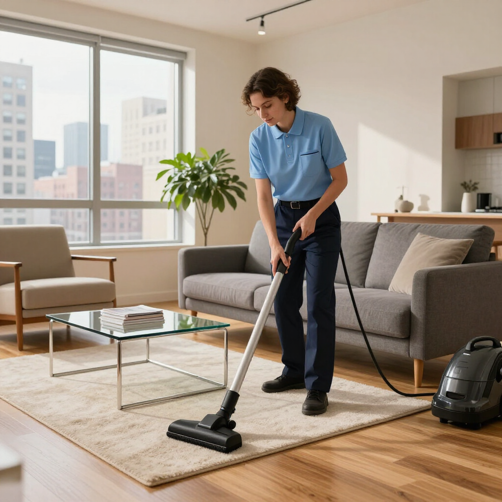Person vacuuming a modern living room with a canister vacuum and hardwood floors