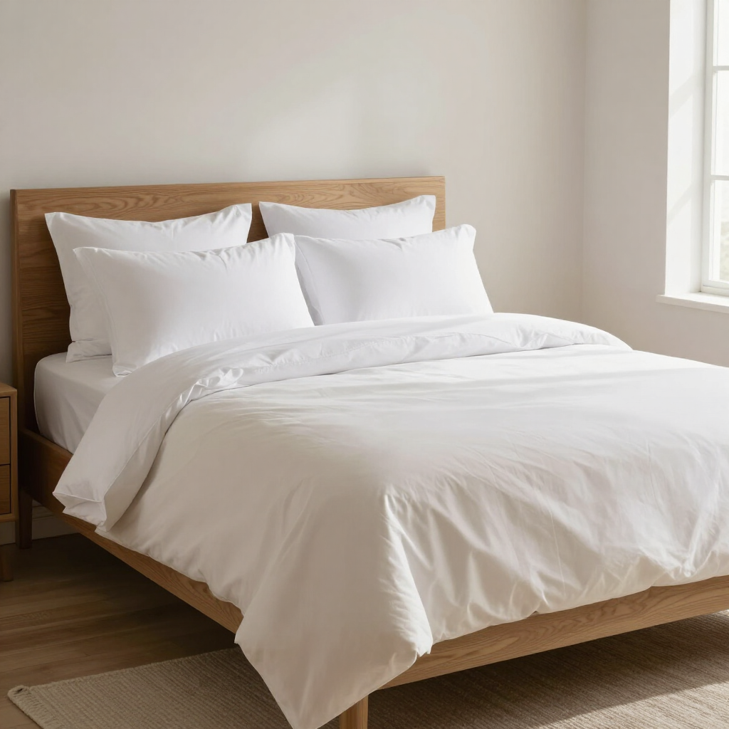 Minimal white bed with wooden headboard in a bright bedroom