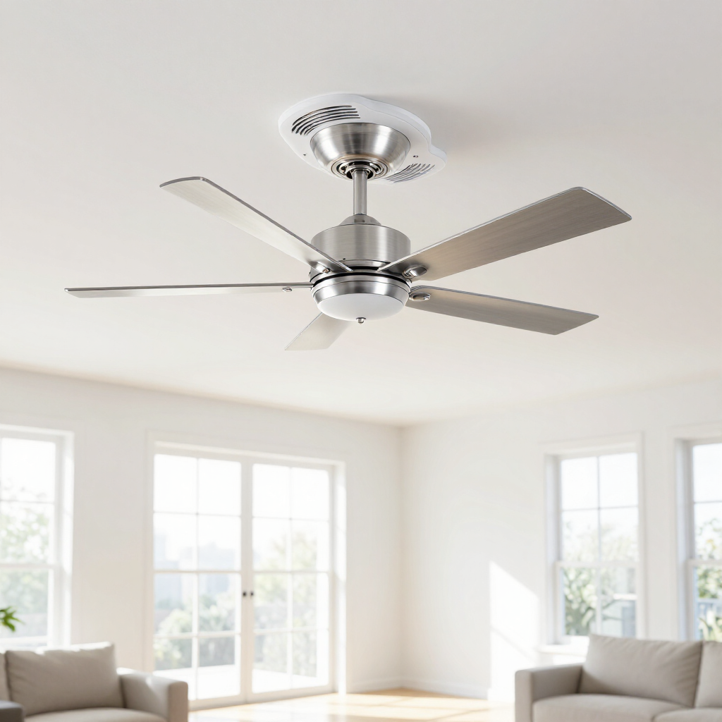 Modern living room with a silver ceiling fan and bright windows
