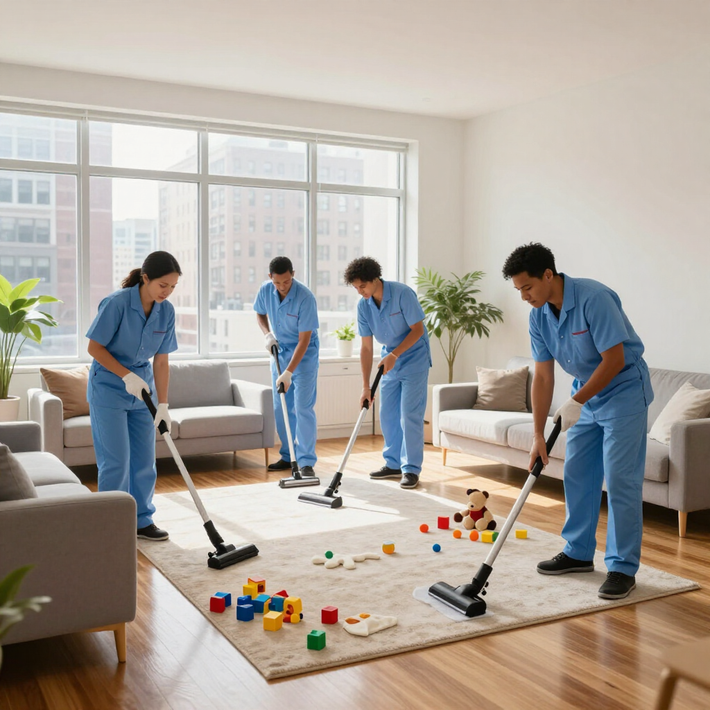 Four cleaners vacuum a bright living room with toys scattered on a rug.