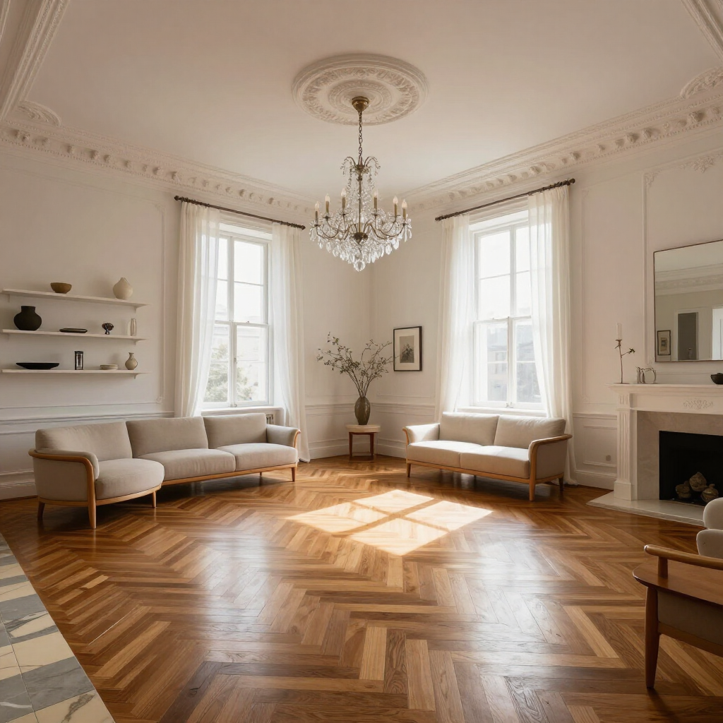 Bright elegant living room with chandeliers, beige sofas, fireplace, and sunlight on herringbone wood floor
