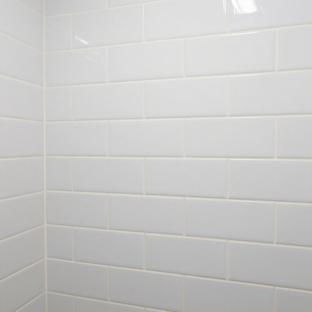 White tiled bathroom wall with glossy rectangular tiles and light grout lines