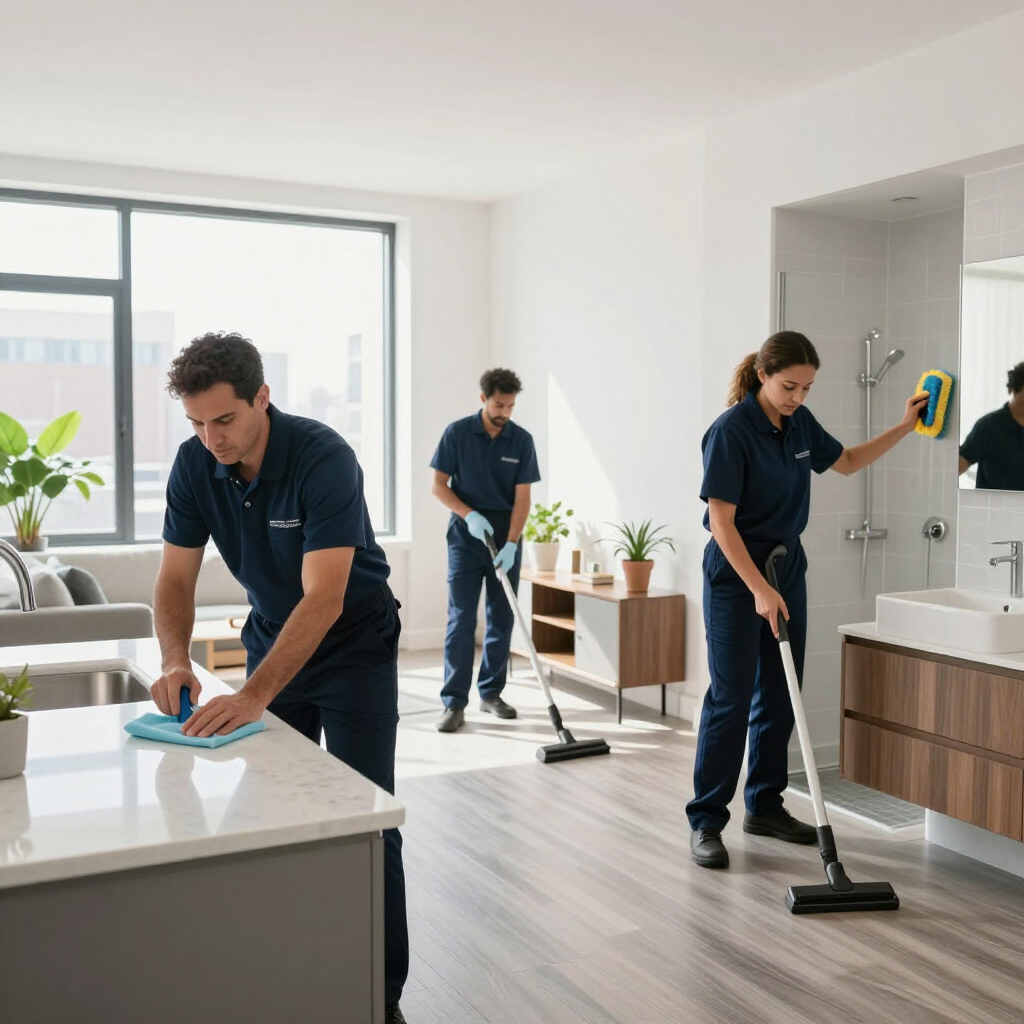 Three cleaners in navy uniforms tidying a bright kitchen and living room with mops and a cloth.