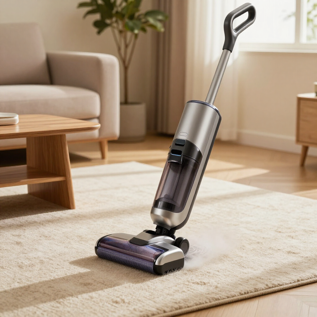 Cordless stick vacuum cleaning a beige rug in a bright living room