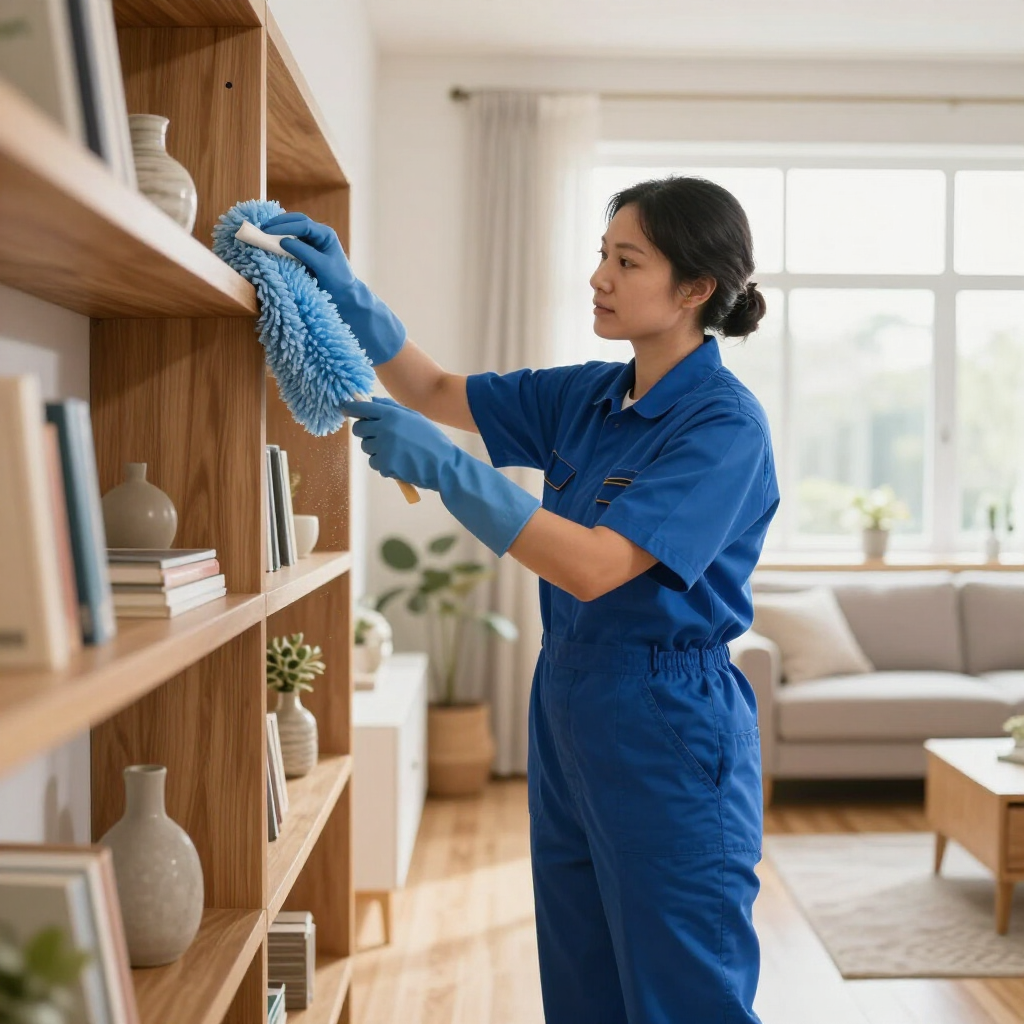 Cleaner dusting shelves in a bright living room with a blue cloth and gloves