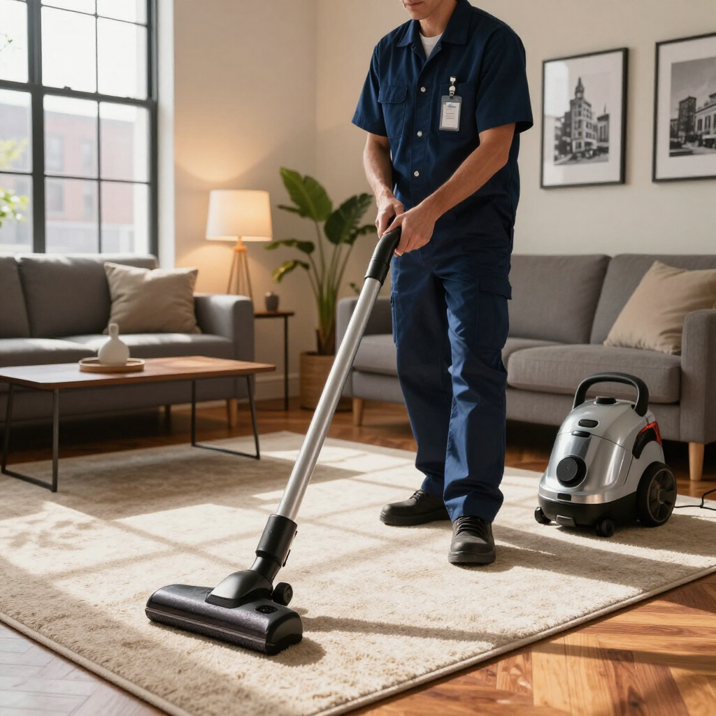 Cleaner vacuuming a beige rug in a modern living room while a canister vacuum sits nearby