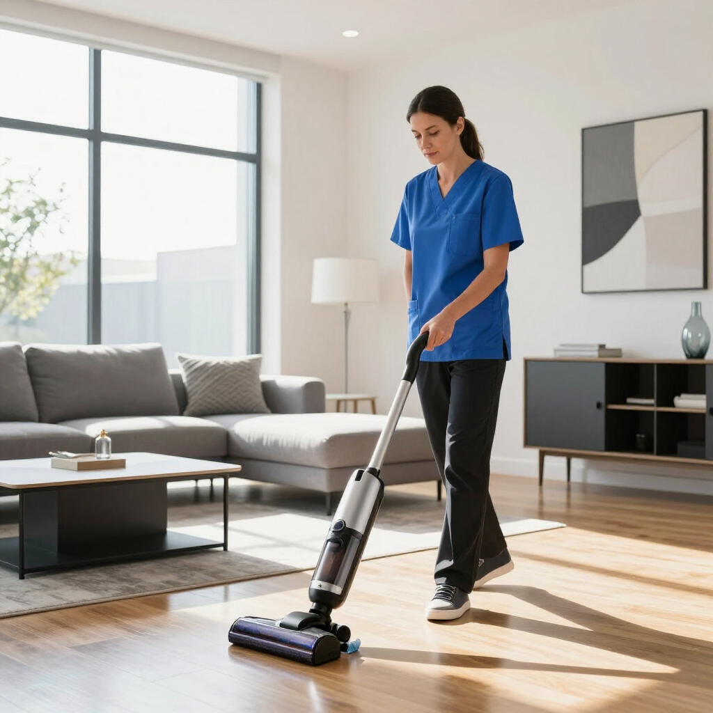 Person vacuuming a bright living room with a cordless stick vacuum.