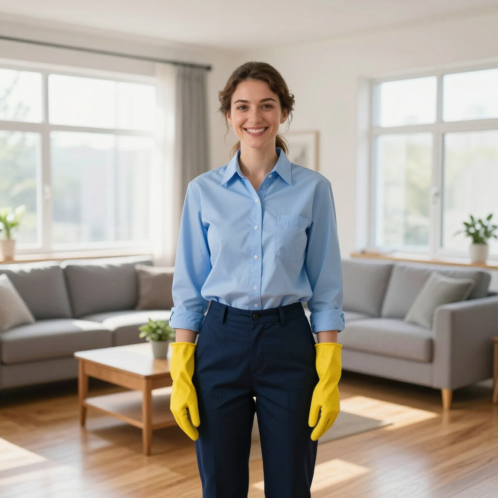 Smiling person in blue shirt and yellow gloves standing in a bright living room
