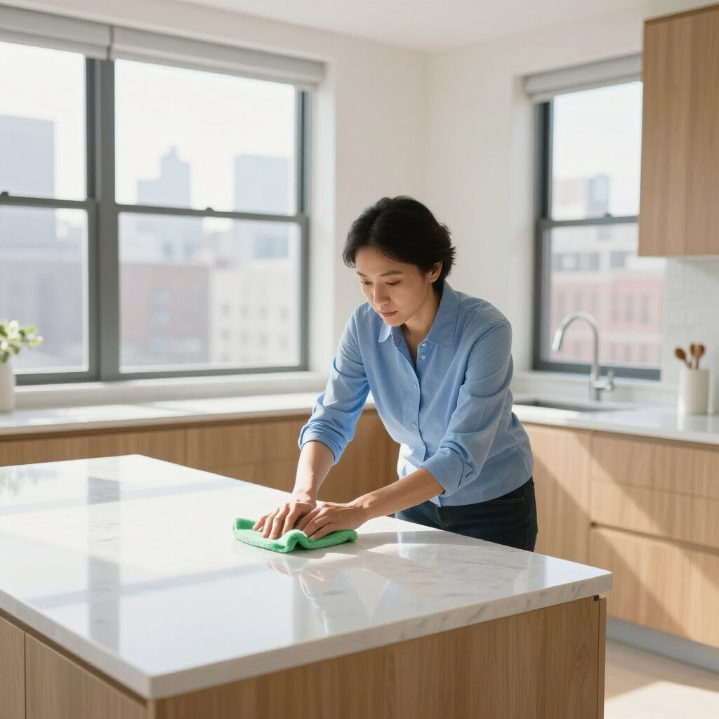 Woman wiping a white kitchen island with a green cloth in a bright modern kitchen