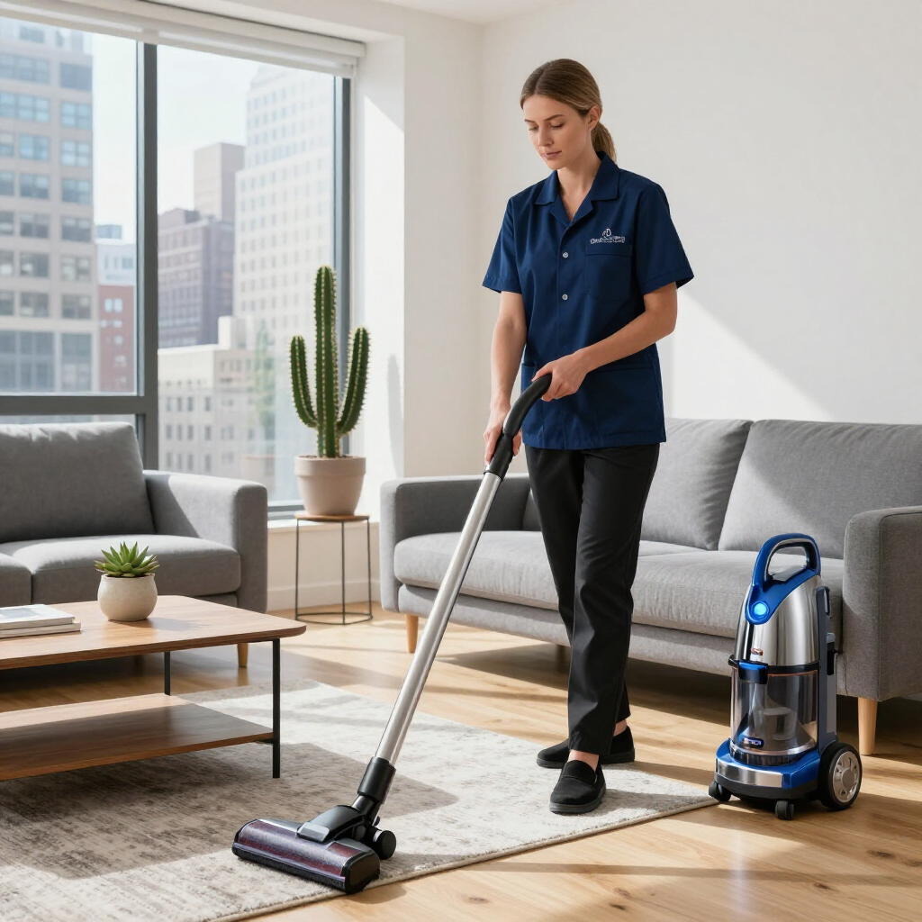 Person vacuuming a bright living room beside a canister vacuum cleaner and sofa