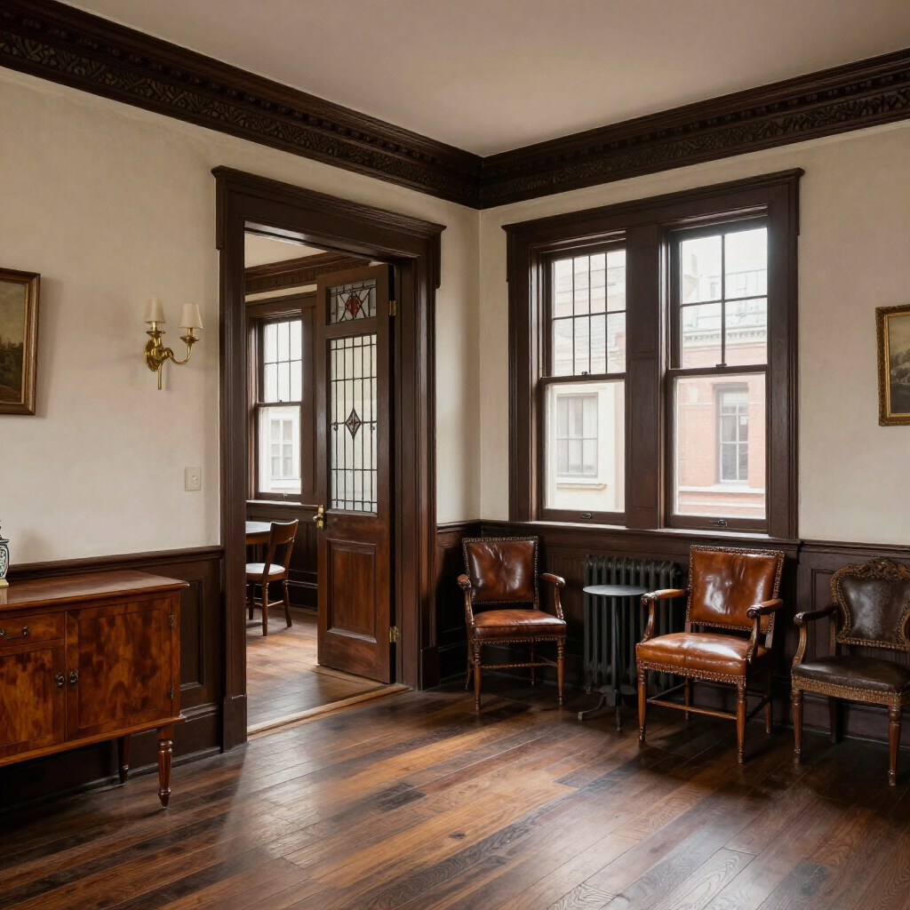 Wood-paneled sitting room with leather chairs, dark trim, and large windows overlooking neighboring buildings