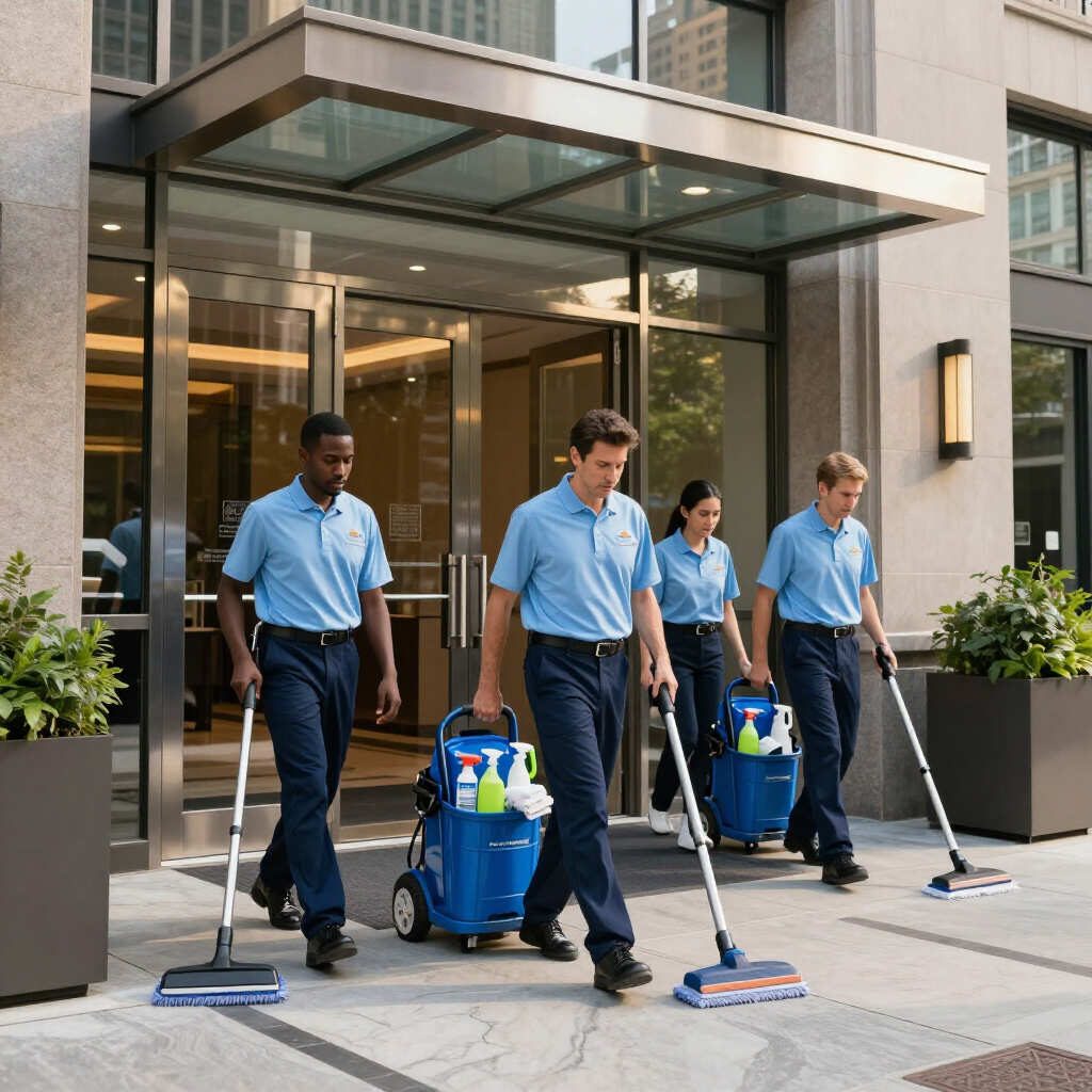 Four hotel staff in blue uniforms clean the entrance walkway with mops and a bucket cart.