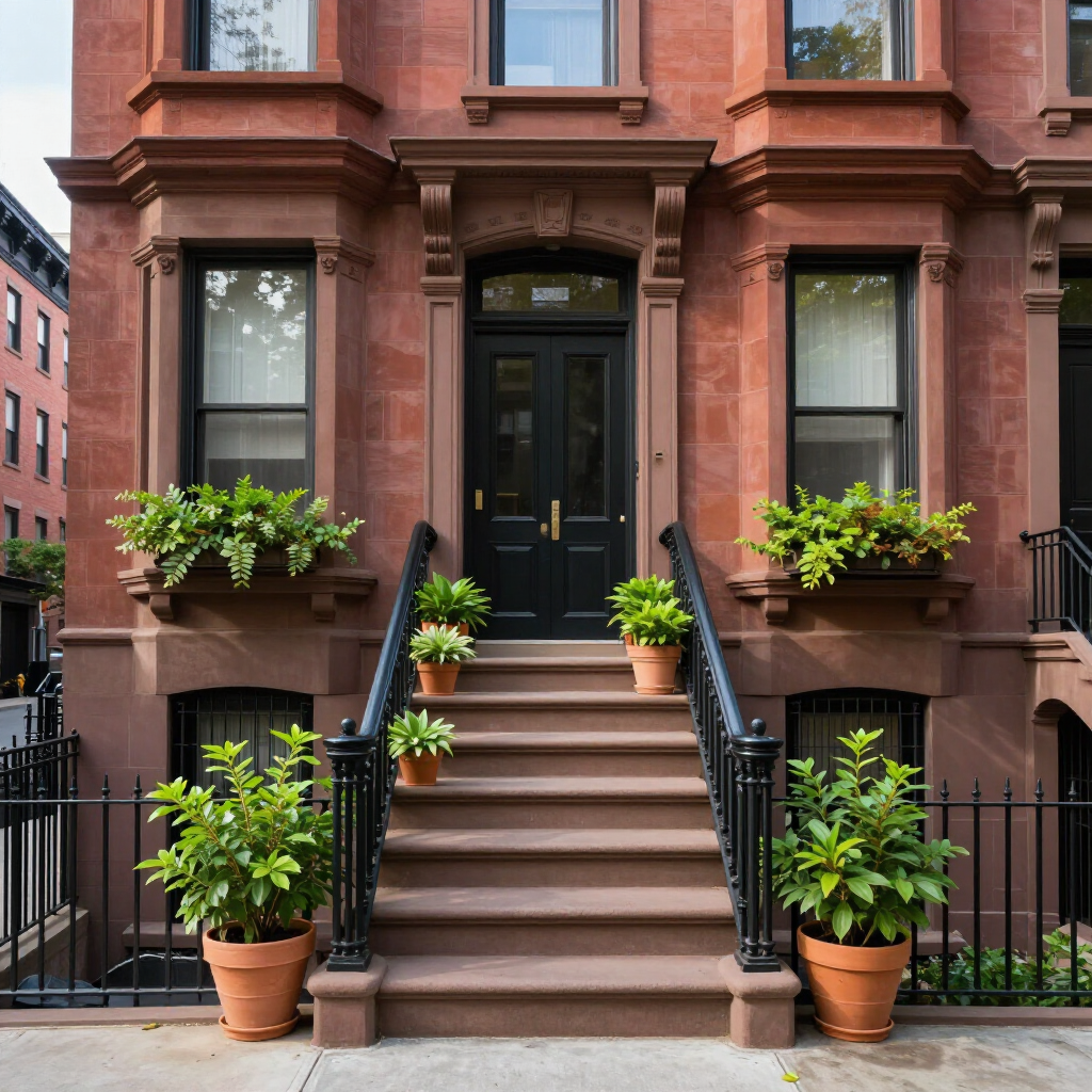 Brownstone apartment entrance with black door, stone steps, and potted plants on both sides