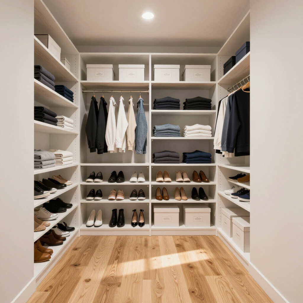 Walk-in closet with white shelves, hanging clothes, folded items, and shoes on a light wood floor.