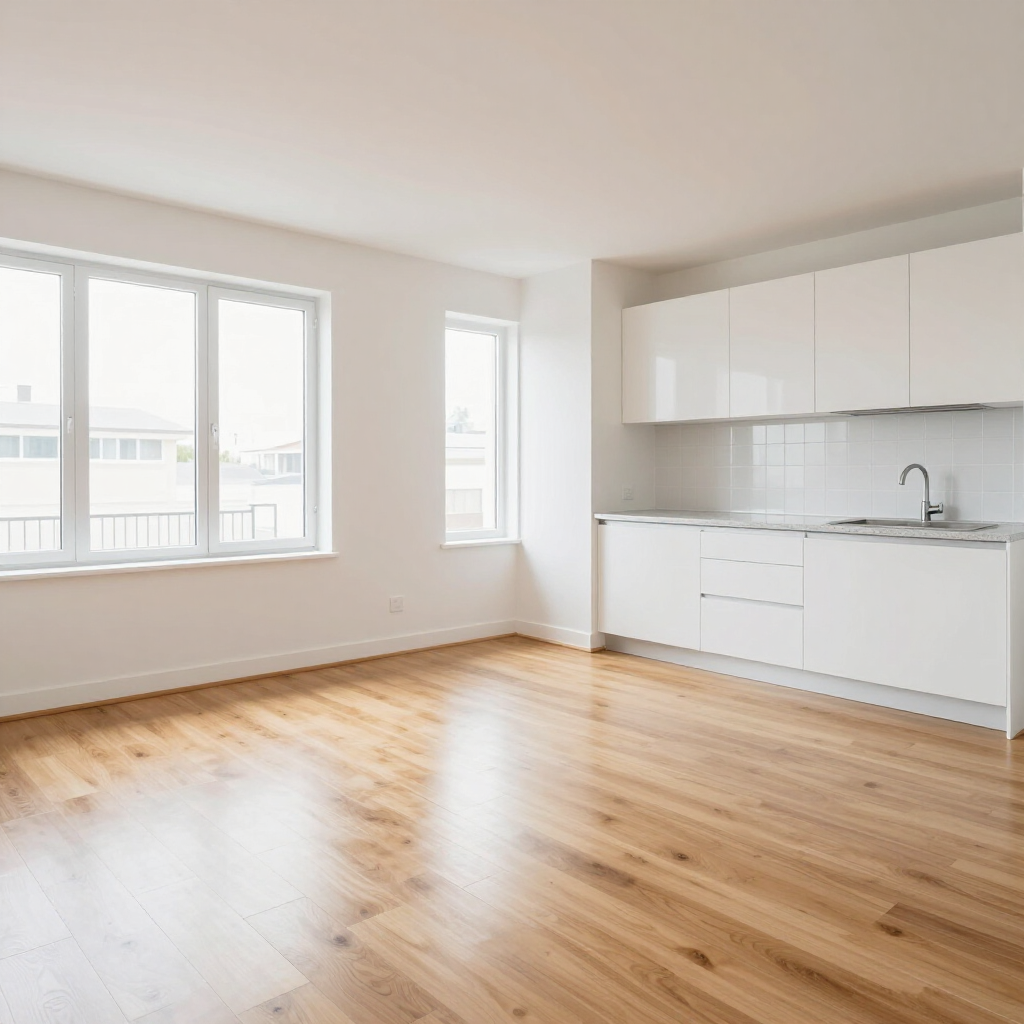 Bright empty apartment living room with large windows, wood floors, and a white kitchen