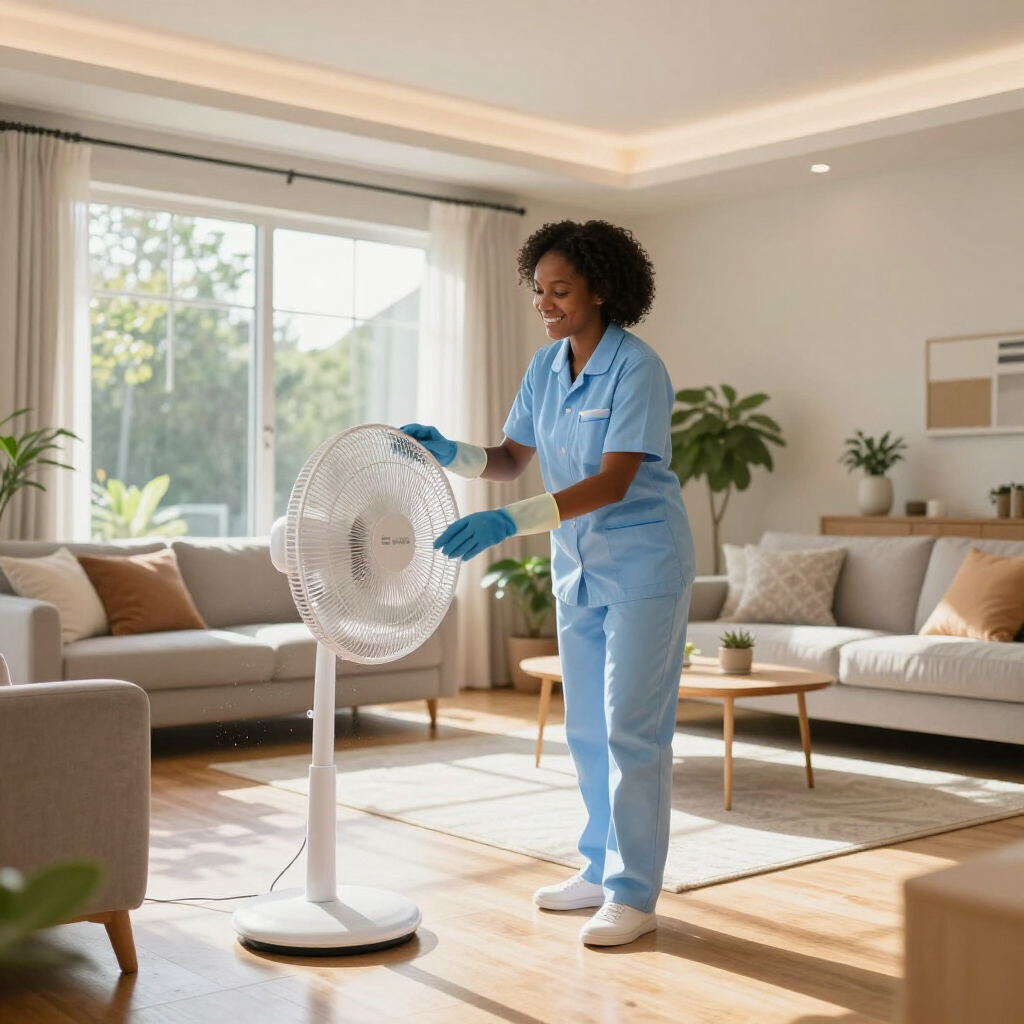 Woman cleaning a white pedestal fan in a bright living room with beige sofas and sunlight from large windows