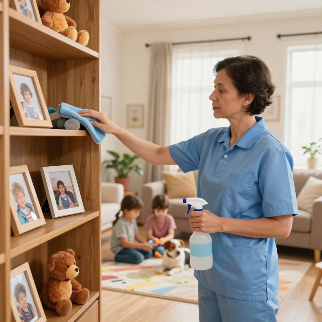 Cleaner dusting a wooden shelf in a bright playroom while children sit on the floor nearby.