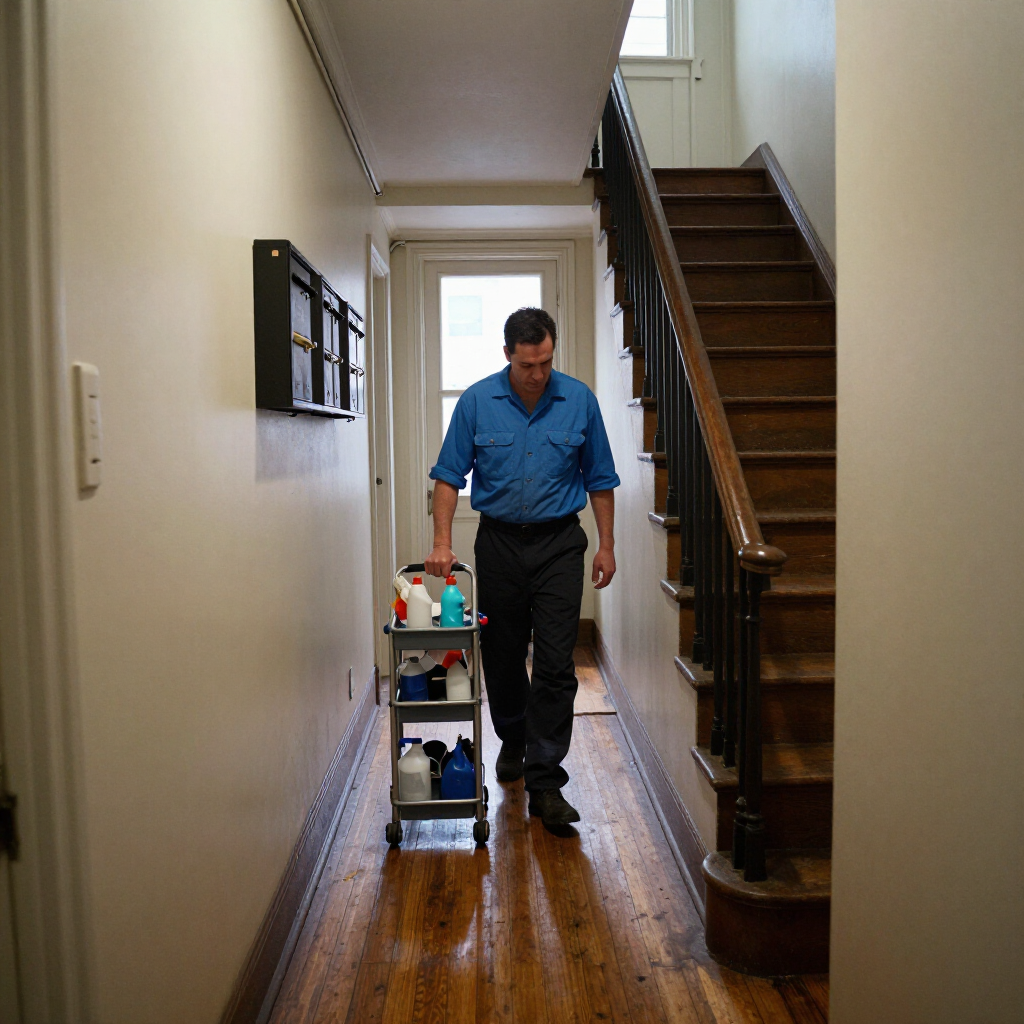 Man walking down a hallway beside a staircase, pushing a small cart.