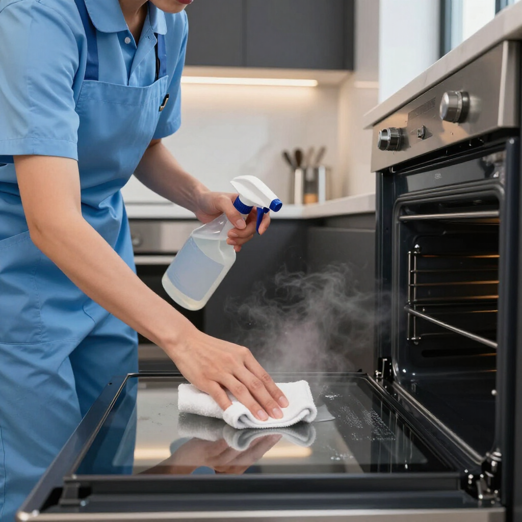Person cleaning an oven with spray and cloth in a modern kitchen