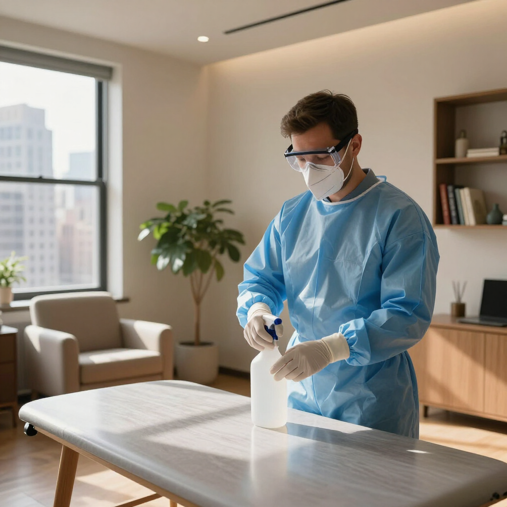 Person in blue protective gear disinfecting a table in a bright office room