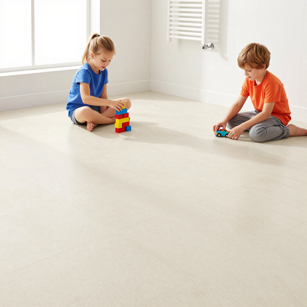 Two children playing on a bright carpet, stacking colorful blocks in a sunlit room