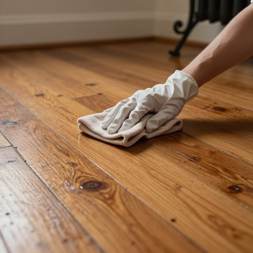 Hand in white glove wiping a wooden floor with a cloth