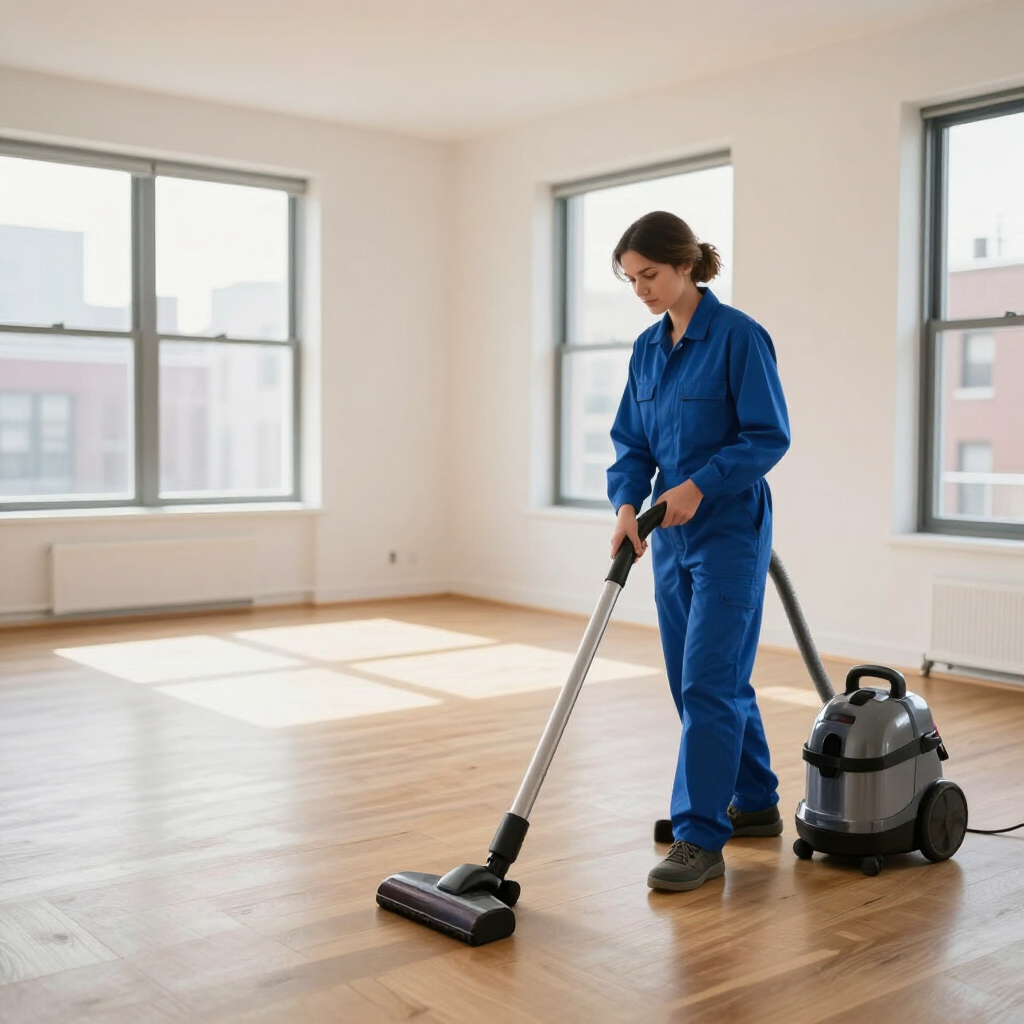 Person vacuuming a sunlit empty room with hardwood floors and large windows