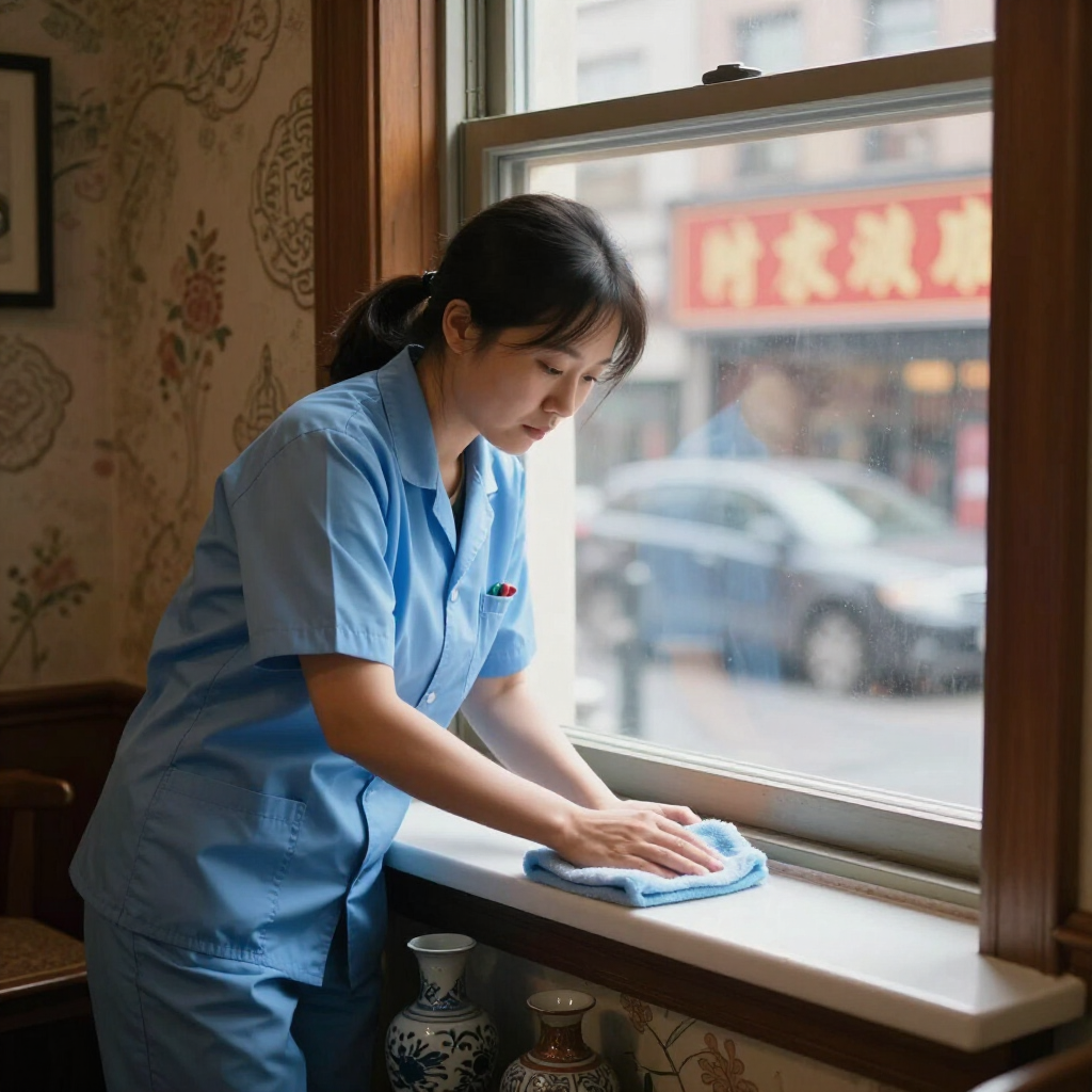 Worker in blue uniform cleaning a windowsill with a cloth beside a window.