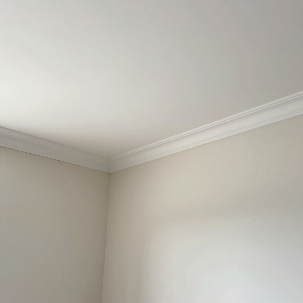 Empty room corner with white crown molding and light gray walls