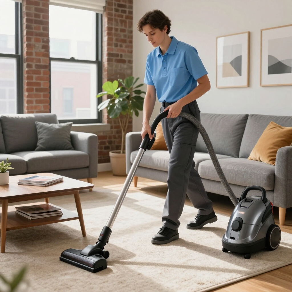 Person vacuuming a sunlit living room with a canister vacuum and gray sofa nearby